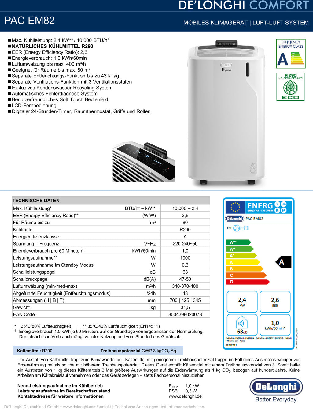 Produktdatenblatt DeLonghi Pinguino PAC EM82