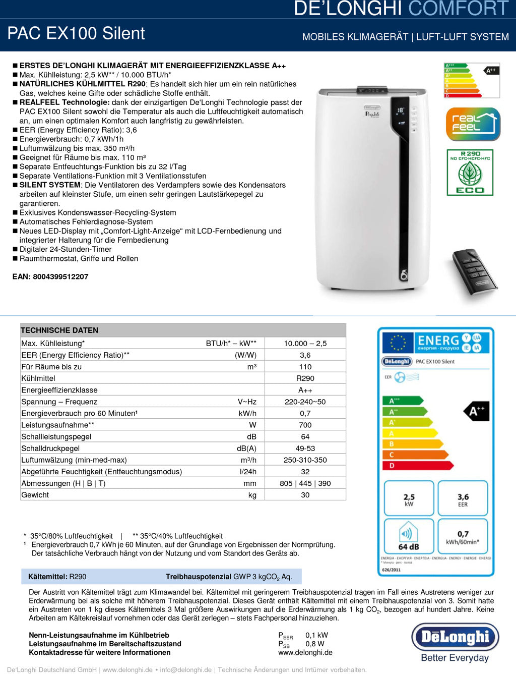 Produktdatenblatt DeLonghi Pinguino PAC EX100 Silent